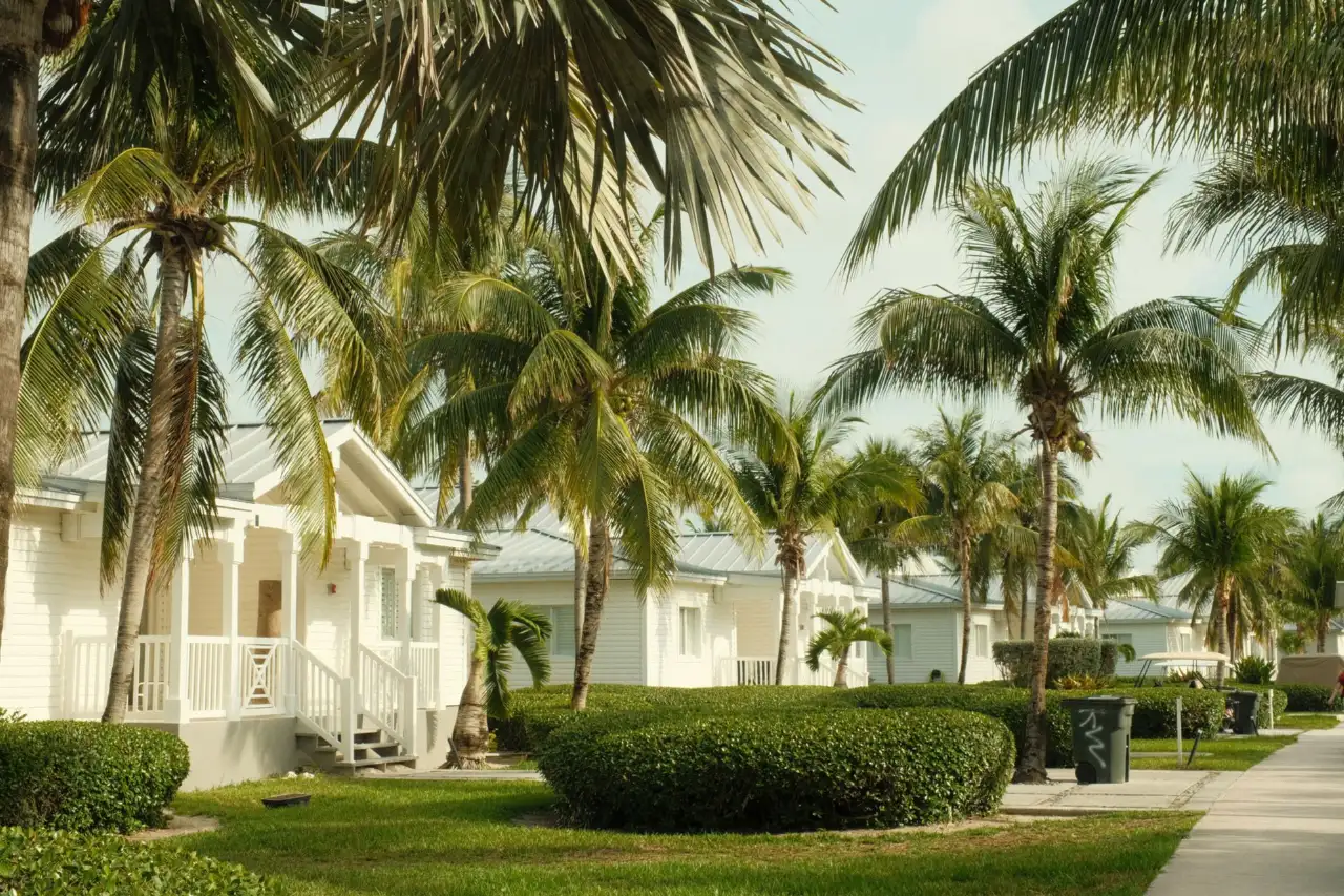 A Caribbean resort with cottages and palm trees