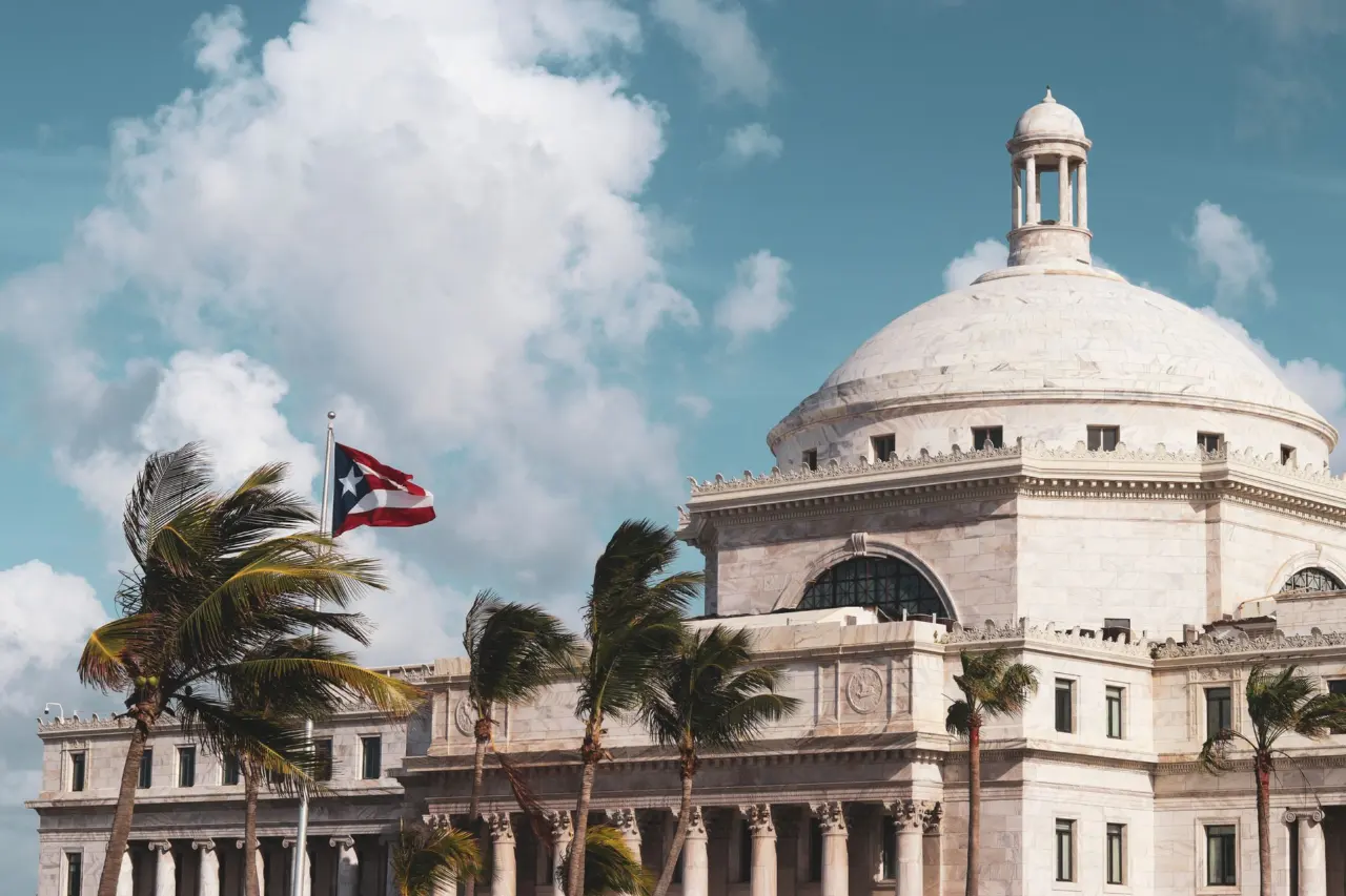 A domed government building with palm trees and a flag